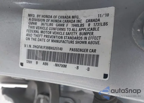 2011 Honda Civic Lx z USA, uszkodzony, nr VIN 2HGFA1F59BH525140